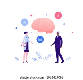 Brain Disease Concept. Vector Flat People Illustration. Female Doctor With African American Male Senior Patient. Neurology And Alzheimer And Dementia Illness Symbol. Design For Health Care.