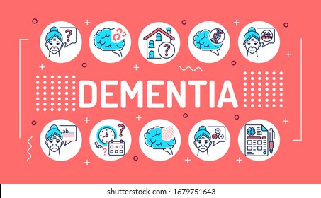Brain disease dementia word lettering typography. Decline in memory. Decrease in mental human abilities. Infographics with linear icons on red background. Isolated outline color illustration