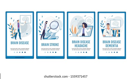 Brain Disease Determination and Treatment Mobile Flat Webpage Set. Landing Page Design Kit with Doctors Giving Online Consultation. Stroke, Headache, Dementia Therapy. Vector Cartoon Illustration