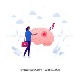 Brain disease and neurosurgery concept. Vector flat people illustration. African american female doctor with first aid kit standing. Neurology illness and stroke symbol. Design for health care.