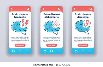Brain disease on mobile app onboarding screens. Line icons, headache, alzheimer's, dementia. Banners for website and mobile kit development. UI/UX/GUI template.