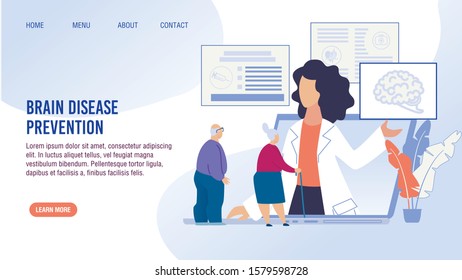 Brain Disease Prevention, Early Determination, Treatment. Cartoon Old Senior Man and Aged Woman Pensioner Having Online Doctor Consolation. Flat Landing Page Layout Design. Vector Illustration