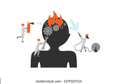 Brain disease treatment abstract flat illustration. Cogwheels and flames brain malfunction. Cartoon mechanic, firefighter urgent first aid metaphor. Stroke emergency help poster, banner design element