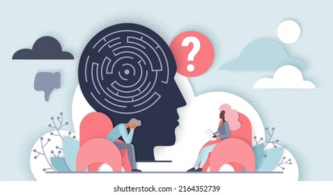 Brain disorder problem, psychology. Tiny patient and doctor in therapy session, silhouette of circuit maze in inner area of abstract human head 3d flat vector illustration. Mental health, ego concept