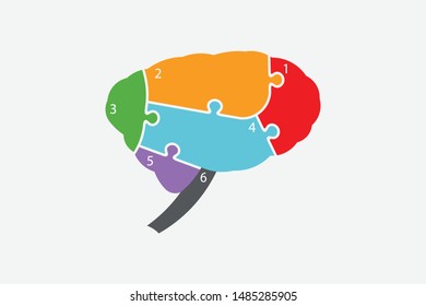 Brain divided in six parts like puzzle. Function zones. Vector