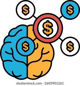 A brain with a dollar sign in the middle. The dollar sign is surrounded by other dollar signs