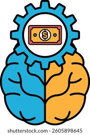 A brain with a dollar sign on it. The dollar sign is on the right side of the brain