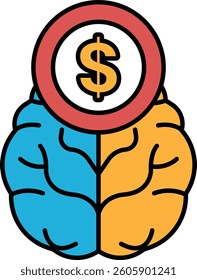 A brain with a dollar sign on it. The dollar sign is red and white. The brain is blue and orange