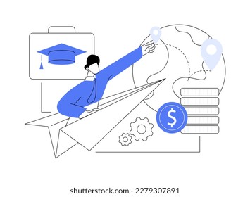 Brain drain abstract concept vector illustration. Emigration of qualified people, trained workers, human capital flight, buisness start up, man with suitcase, leave country abstract metaphor.