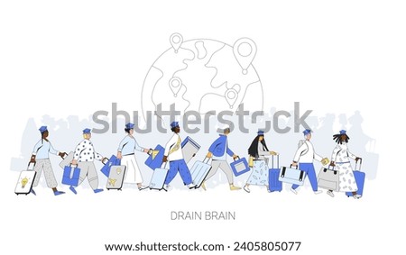 Brain drain. Graduate immigration. Study and work abroad opportunities for young skilled workers. Colorful vector illustration. Simple design with outline.