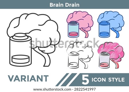Brain Drain icon for study fatigue, mental exhaustion, exam stress, student wellness, and academic life. Line, Filled, Color style.