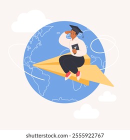 Brain drain, immigration abroad for new opportunity. Student or graduate in cap flying on paper plane around tiny globe to choose place of study, professional career cartoon vector illustration