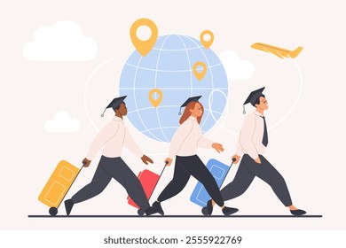 Brain drain, immigration in foreign country. Tiny graduates and students, migrants with suitcases and bags running to fly abroad to work and study, leave motherland cartoon vector illustration