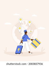 Brain Drain. Internationale Migration. Gebildete Frau verlässt ihr Land. Graduierte Wanderung mit Tasche und Koffer. Ausgefüllte Vektorgrafik.