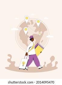 Brain drain. International migration. Educated man leaving his country. Graduate walking with bag and suitcases. Filled line vector illustration.