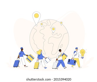 Brain drain. International migration. Group of educated people leaving their counties. Graduates walking with bags and suitcases. Filled line vector illustration.