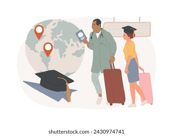 Brain drain isolated concept vector illustration. Emigration of qualified people, trained workers, human capital flight, buisness start up, man with suitcase, leave country vector concept.