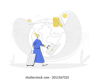 Brain drain. Work migration. Educated woman leaving her country. Manager walking with bag and suitcases. Filled line vector illustration.