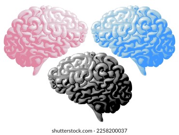 Brain drawing with lines texture. Pink, blue and black colors. Vector illustration
