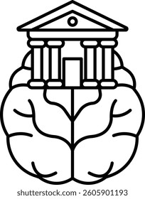 A brain is drawn with a building on top of it. The building is a temple with columns