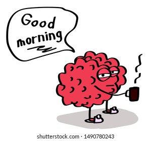 The brain is drinking coffee on a white background. Vector illustration.