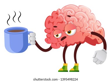 Brain is drinking a cup of coffee, illustration, vector on white background.