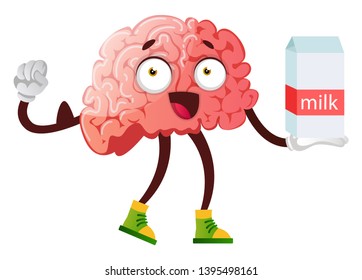 Brain drinking milk, illustration, vector on white background.