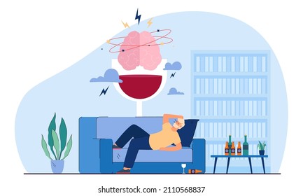 Brain of drunkard waking up with hangover. Man with headache after sleeping, bottles of strong alcohol or liquor flat vector illustration. Alcohol, health concept for banner or landing web page