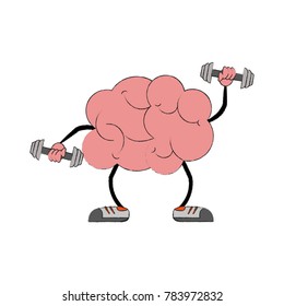 Brain with dumbbells cartoon