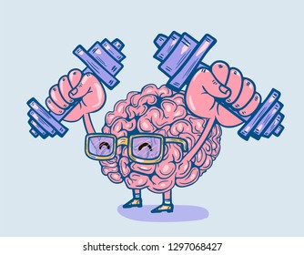 brain with dumbbells and glasses hand drawn