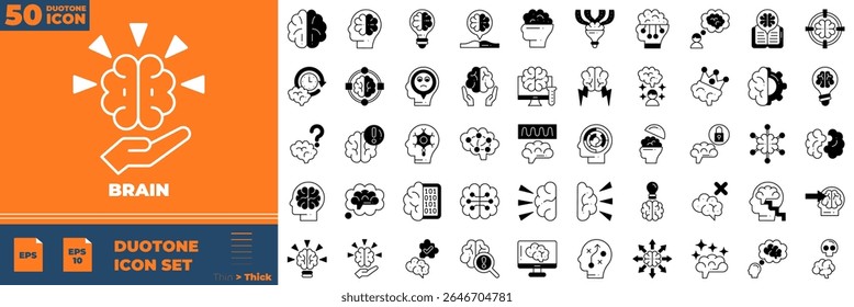 Brain Duotone Editable Icons set. Vector illustration in modern thin duotone style of brain icons: memory, cognition, creativity, etc