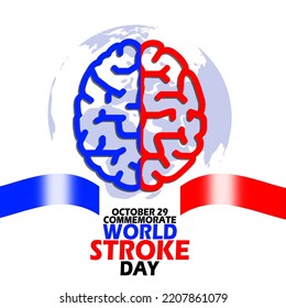 Brain and earth illustration with bold text and ribbon on white background to commemorate World Stroke Day on October 29