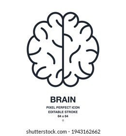 Icono de contorno de trazo modificable del cerebro aislado en ilustración vectorial de fondo blanco. Pixel perfecto. 64 x 64.