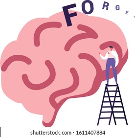 Brain effected by Alzhemer's disease. man standing on ladder nearby. Disappearing Forget inscription. Parkinson, awareness campaign. Vector illustration