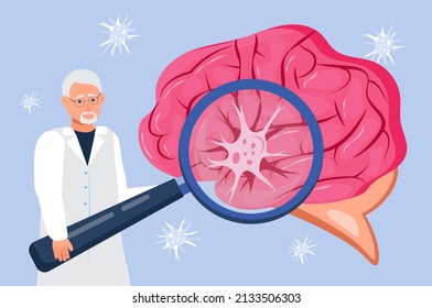 Brain with EKG, encephalogram machine. Neuron under magnifying glass. Neurology problems, Parkinson disease and Alzheimer. Neurologist online consultation concept vector 