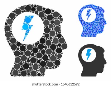 Brain electric shock composition of circle elements in various sizes and color hues, based on brain electric shock icon. Vector circle elements are organized into blue collage.