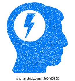 Brain Electric Shock grainy textured icon for overlay watermark stamps. Flat symbol with scratched texture. Dotted vector blue ink rubber seal stamp with grunge design on a white background.