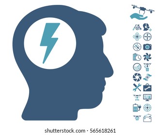 Brain Electric Shock icon with bonus airdrone service graphic icons. Vector illustration style is flat iconic cyan and blue symbols on white background.