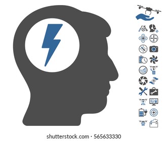 Brain Electric Shock icon with bonus nanocopter service graphic icons. Vector illustration style is flat iconic cobalt and gray symbols on white background.