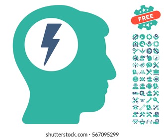 Brain Electric Shock icon with bonus setup tools symbols. Vector illustration style is flat iconic cobalt and cyan symbols on white background.