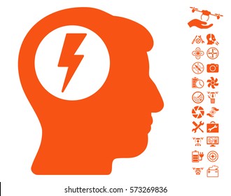Brain Electric Shock icon with bonus drone service symbols. Vector illustration style is flat iconic symbols on white background.
