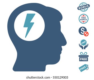 Brain Electric Shock icon with free bonus pictures. Vector illustration style is flat iconic symbols, cyan and blue colors, white background.