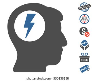 Brain Electric Shock icon with free bonus graphic icons. Vector illustration style is flat iconic symbols, cobalt and gray colors, white background.