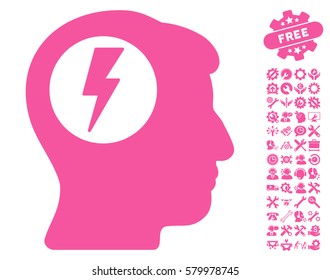 Brain Electric Shock pictograph with bonus service icon set. Vector illustration style is flat iconic pink symbols on white background.