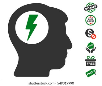 Brain Electric Shock pictograph with free bonus icon set. Vector illustration style is flat iconic symbols, green and gray colors, white background.
