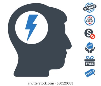 Brain Electric Shock pictograph with free bonus pictures. Vector illustration style is flat iconic symbols, smooth blue colors, white background.