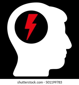 Brain Electric Shock vector pictograph. Style is flat graphic bicolor symbol, red and white colors, black background.