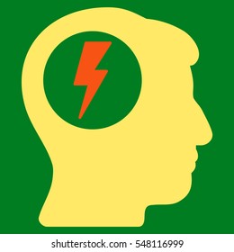 Brain Electric Shock vector pictograph. Style is flat graphic bicolor symbol, orange and yellow colors, green background.