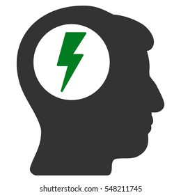 Brain Electric Shock vector pictograph. Style is flat graphic bicolor symbol, green and gray colors, white background.