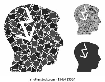Brain electric strike composition of inequal parts in variable sizes and color tones, based on brain electric strike icon. Vector inequal items are grouped into collage.